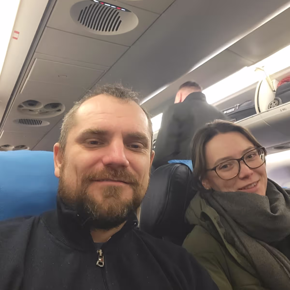 Konrad and Caro on a plane