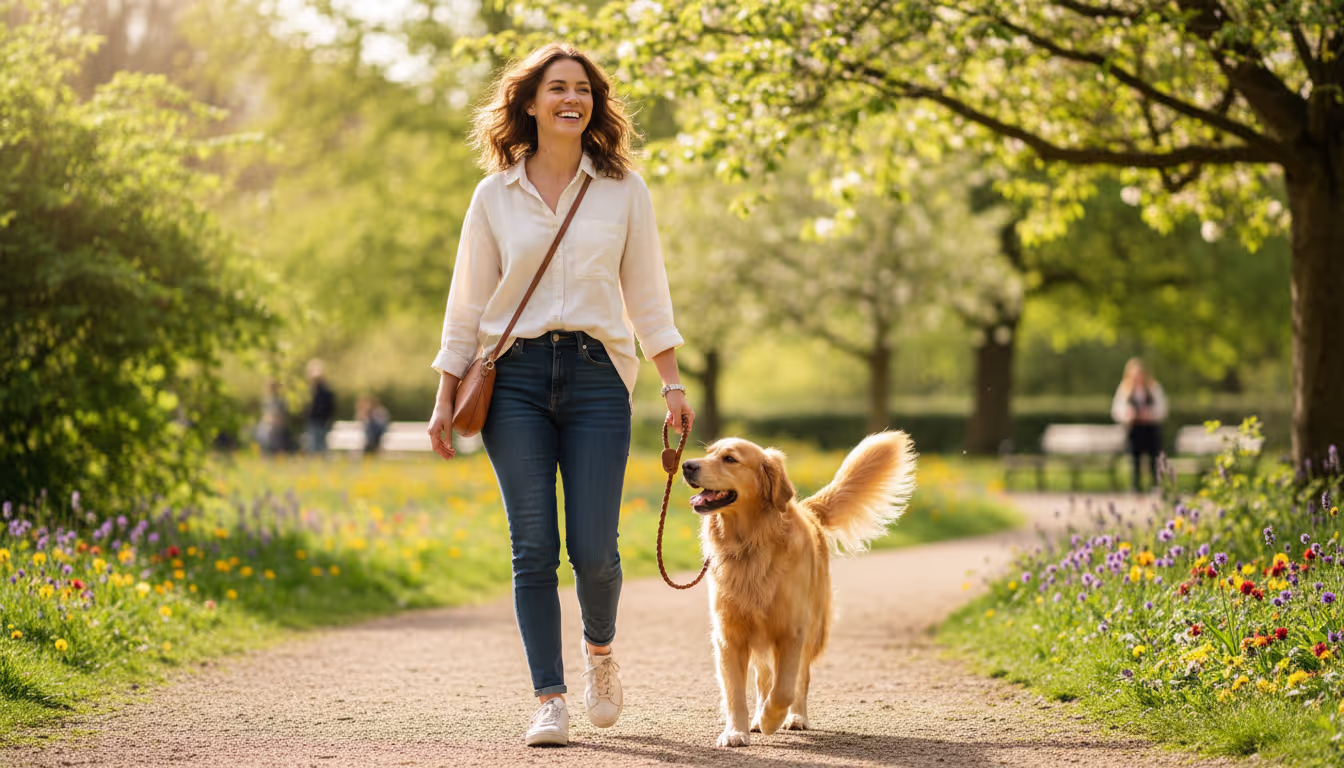 A house sitter walking a dog through a park, not worrying about insurance