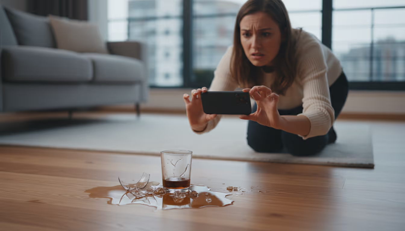 A woman taking a picture of a broken glass A woman taking a picture of a broken glass
