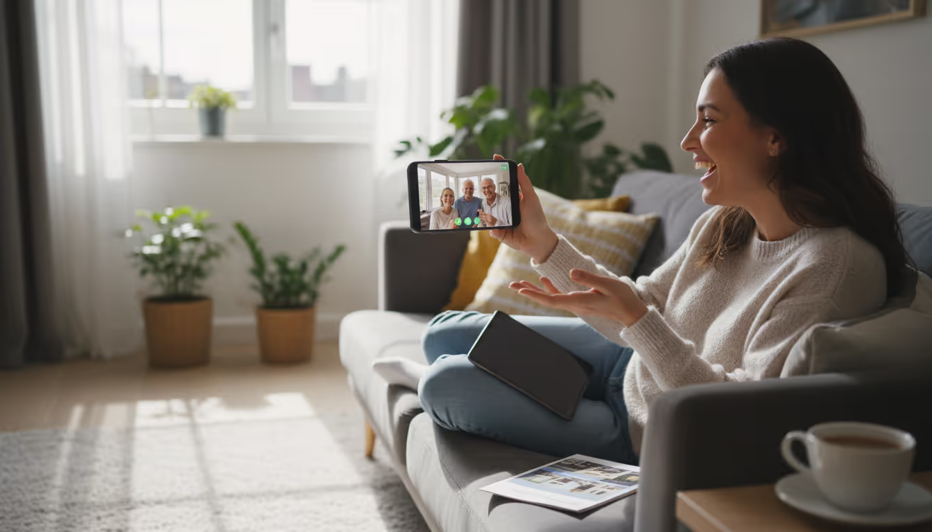 A woman having a video call with the home owners A woman having a video call with the home owners