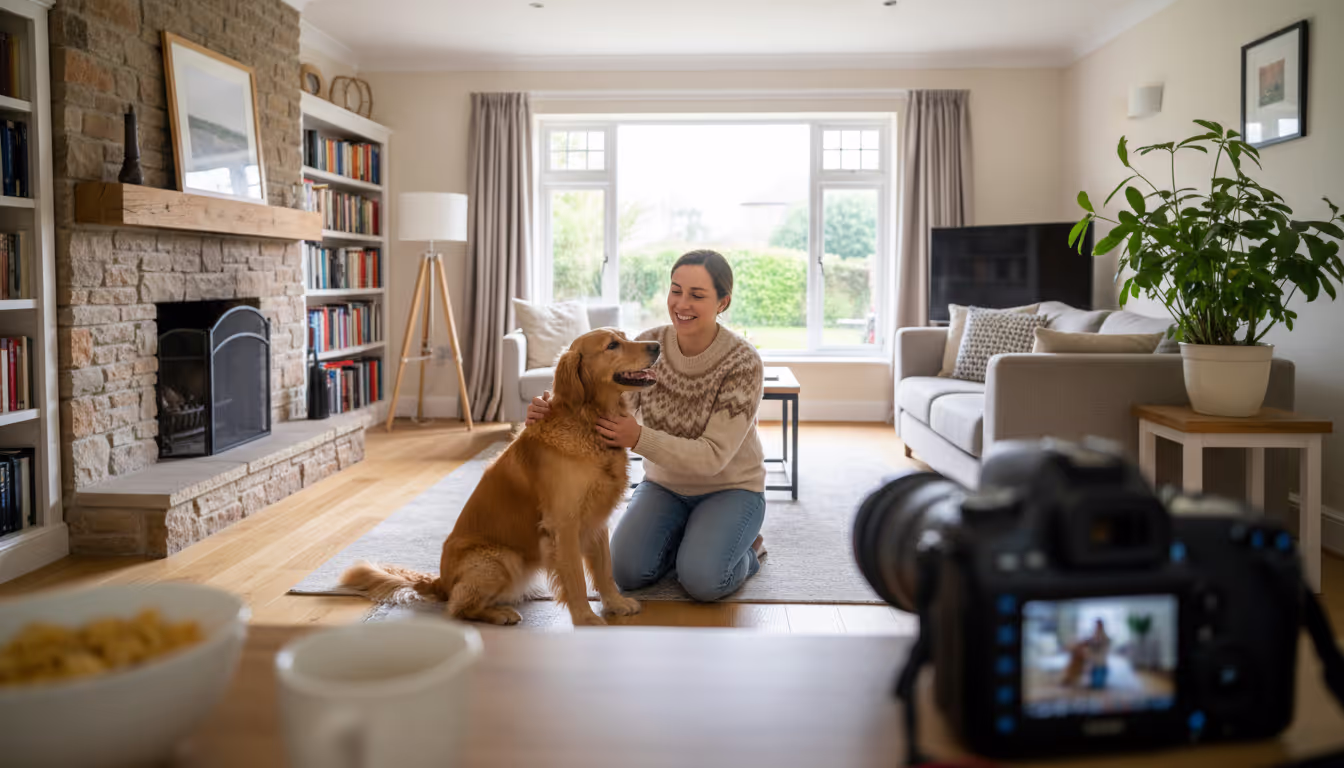 A camera pointed at a house sitter that is patting a dog A camera pointed at a house sitter that is patting a dog