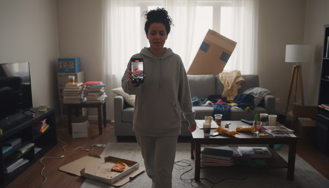 a woman walking around with her camera phone and recording a messy home a woman walking around with her camera phone and recording a messy home
