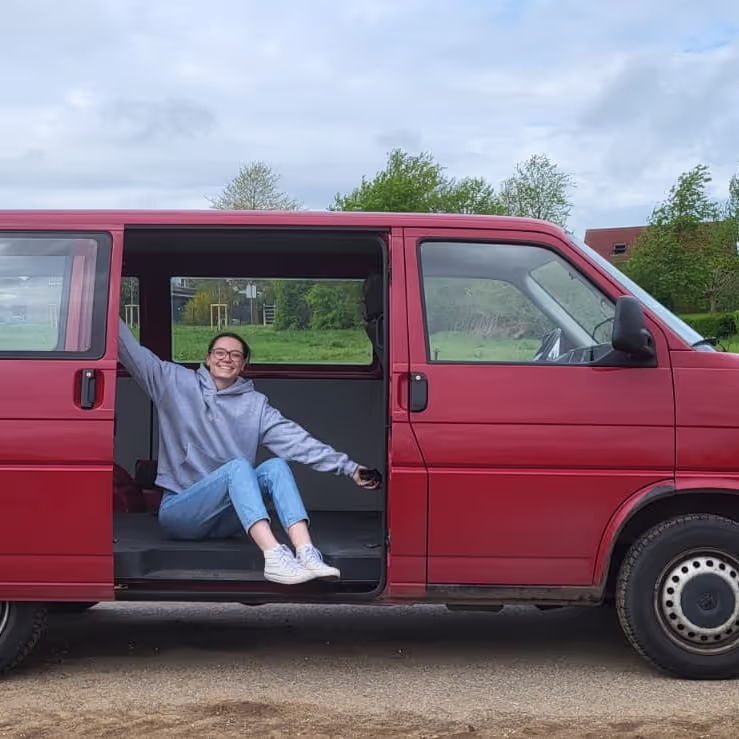 Caro sitting in our new VW T4 Van