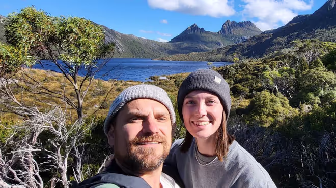 Konrad and Caro near Cradle mountain Tasmania