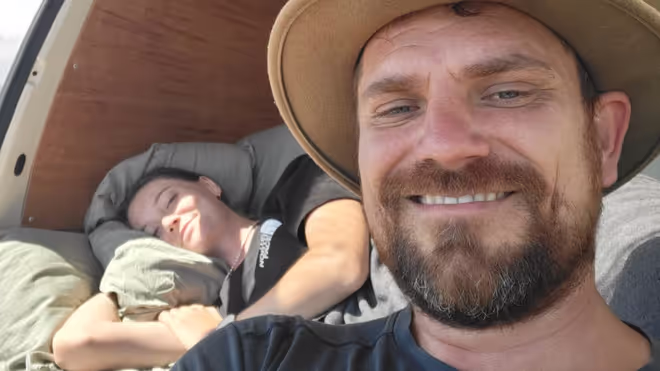 Konrad and Caro in their Campervan in Australia Konrad and Caro in their Campervan in Australia