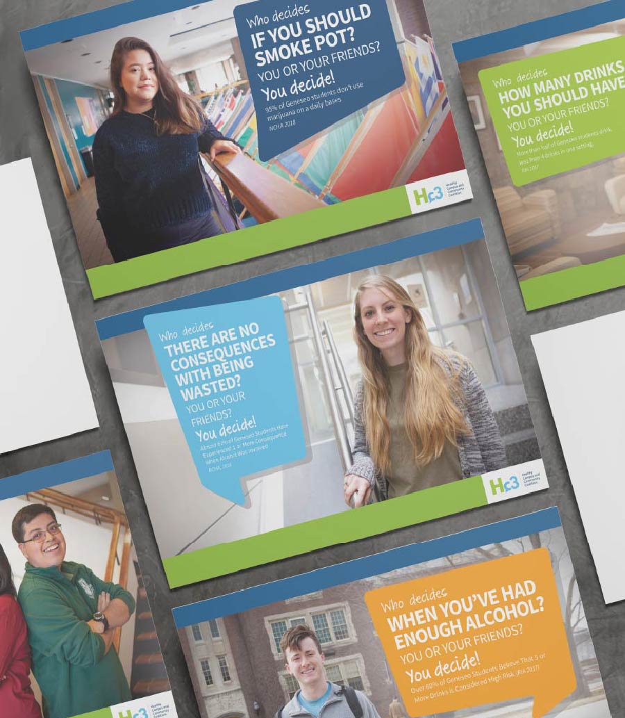 Multiple colorful flyers promoting healthy choices for students are displayed on a dark surface. Each flyer features a photo of a young person, a speech bubble with a question about decision-making (e.g., 'Who decides IF YOU SHOULD SMOKE POT?', 'Who decides WHEN YOU'VE HAD ENOUGH ALCOHOL?', 'Who decides THERE ARE NO CONSEQUENCES WITH BEING WASTED?'), and the answer 'You decide!' followed by statistics. The flyers share a consistent design with blue, green, and white elements, and an 'Hc3' logo for the Healthy Campus and Community Coalition.