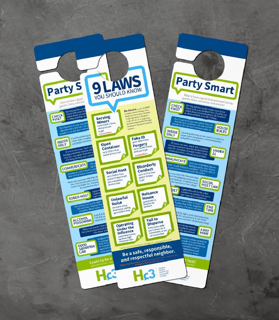 Three informational door hangers are displayed, overlapping slightly. Each is blue and white with green and yellow sections. The main title on the central hanger reads '9 LAWS YOU SHOULD KNOW.' The two outer hangers have 'Party Smart' at the top. The hangers list various laws and advice for responsible party hosting, covering topics such as serving minors, open containers, fake IDs, disorderly conduct, social host laws, unlawful noise, nuisance houses, operating under the influence, and failing to disperse. Each law is numbered and includes potential fines or penalties. The bottom of the hangers features 'H23 Hc3' logos and the slogan 'Be a safe, responsible, and respectful neighbor.'