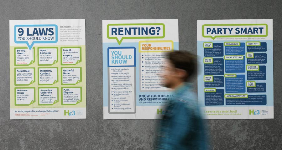 Three informational posters are displayed on a grey wall. From left to right, the first poster is titled '9 LAWS YOU SHOULD KNOW', detailing various regulations. The middle poster is titled 'RENTING?', outlining what tenants should know and their responsibilities. The third poster is titled 'PARTY SMART', offering advice on responsible partying. A person is blurred in motion walking past the posters, with their back to the viewer.
