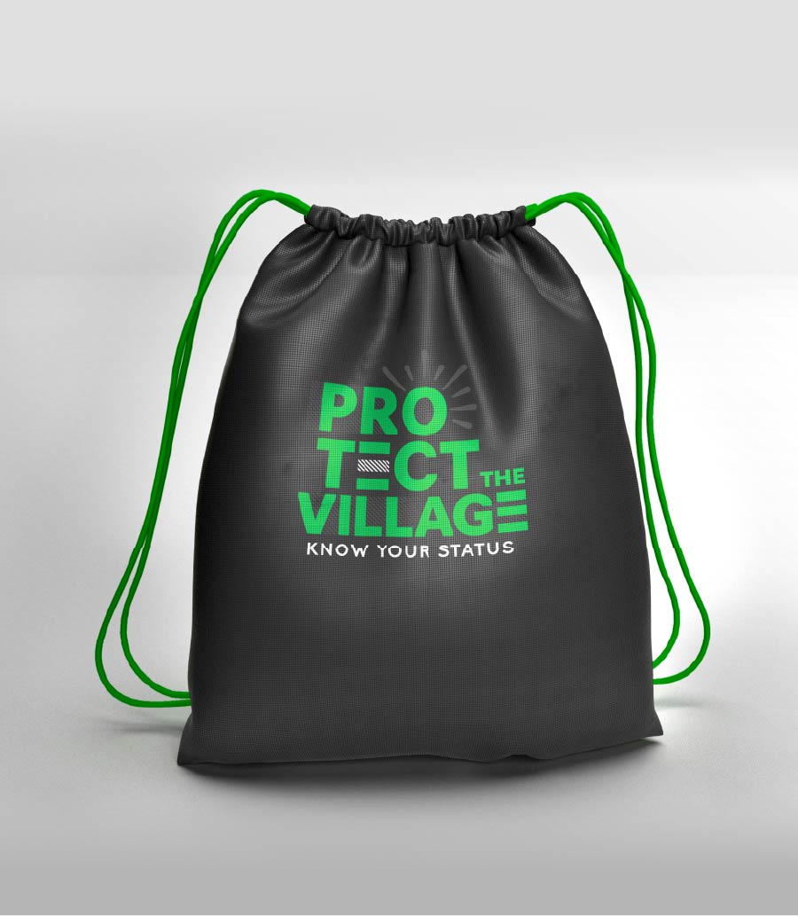 Protect the Village black draw string bag