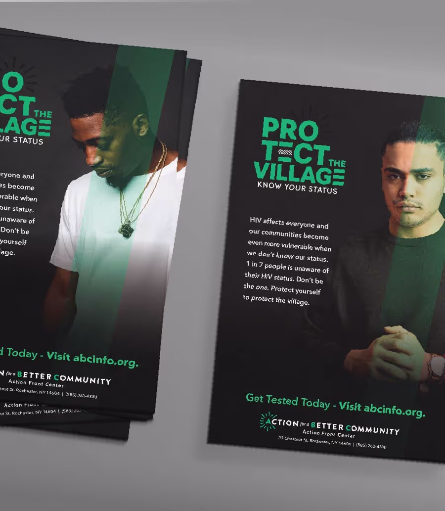 Two flyers promoting HIV testing and awareness. The left flyer shows a Black man looking down, and the right flyer shows a man with dark hair looking forward with hands clasped. Both flyers have the slogan 'Protect the Village, Know Your Status' and the call to action 'Get Tested Today - Visit abcinfo.org'.