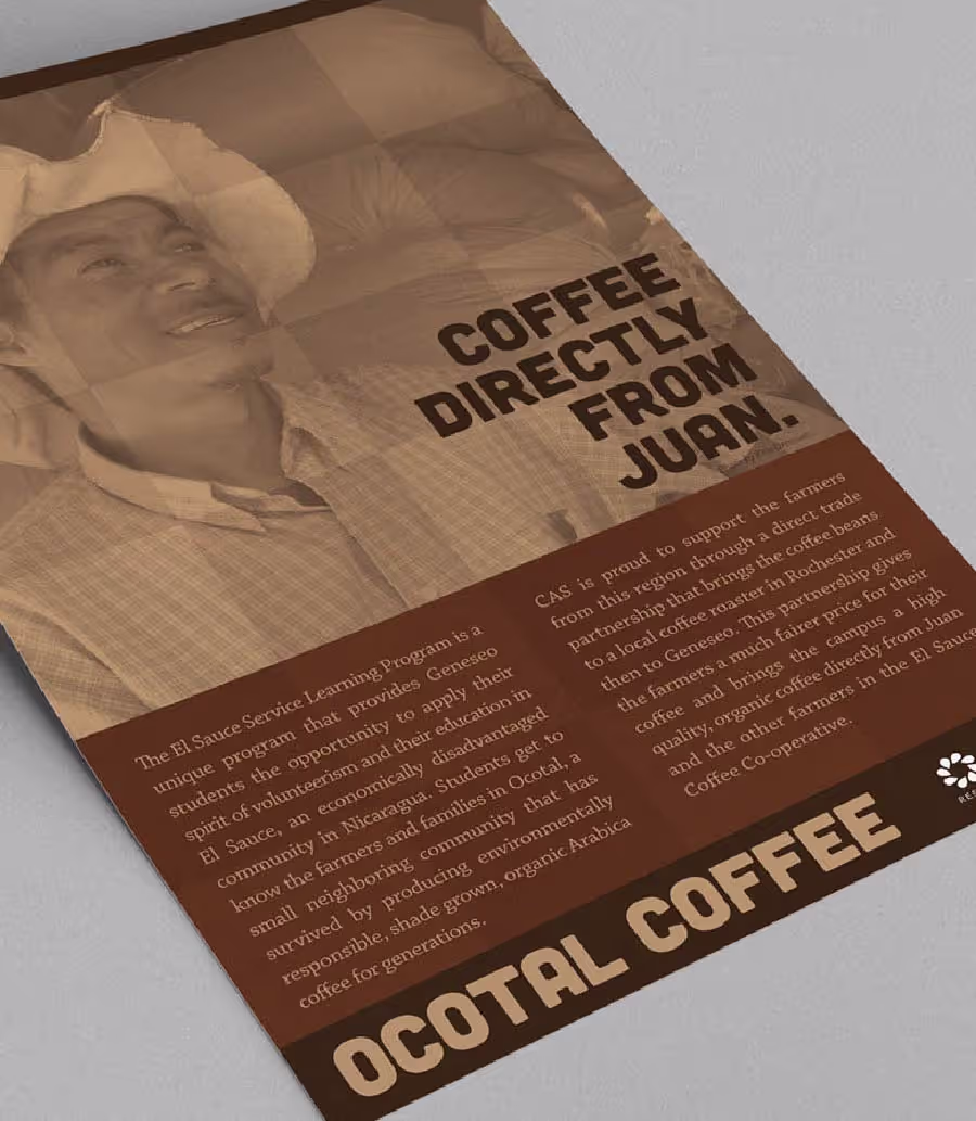 A sepia-toned flyer featuring a smiling man in a hat, with prominent text that reads 'COFFEE DIRECTLY FROM JUAN' and 'OCOTAL COFFEE'.