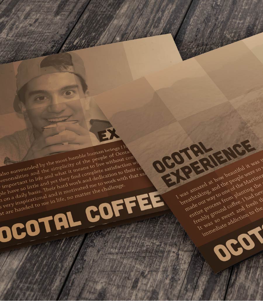 Two brochures, one for 'Ocotlal Coffee' featuring a sepia-toned image of a smiling man holding a cup, and another for 'Ocotlal Experience,' rest on a dark wooden table. Text is partially visible on both.