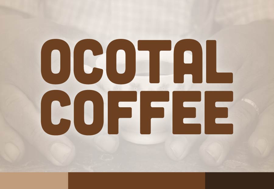 The words OCOTAL COFFEE in large, dark brown letters, superimposed over a blurry, sepia-toned image of hands holding a coffee cup. Below the main image, there's a color palette of three squares in shades of brown and beige.