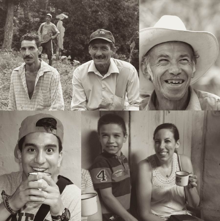 A black and white collage of six portraits featuring diverse individuals, including men, a woman, a young man, and a boy. Many are smiling, and some are holding mugs.
