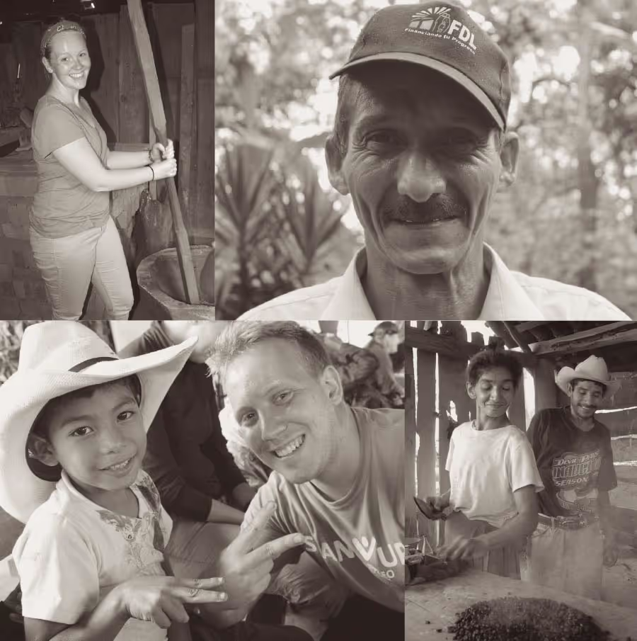 A black and white photo collage featuring multiple smiling individuals. In the top left, a woman uses a large mortar and pestle. The top right shows a man in a baseball cap with a mustache. The bottom left features a young boy in a cowboy hat making a peace sign next to a smiling man. The bottom right shows two people, one appearing to sort coffee beans.