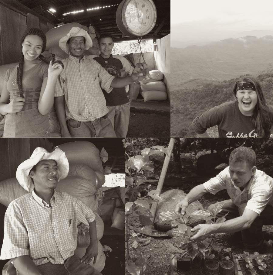 A sepia-toned collage depicting multiple scenes of people involved in agricultural work and enjoying nature. Images include a group smiling in a storage room with large sacks and a hanging scale, a woman laughing joyfully in front of a misty mountain landscape, a man in a straw hat sitting by sacks, and another man kneeling to plant small saplings in soil.