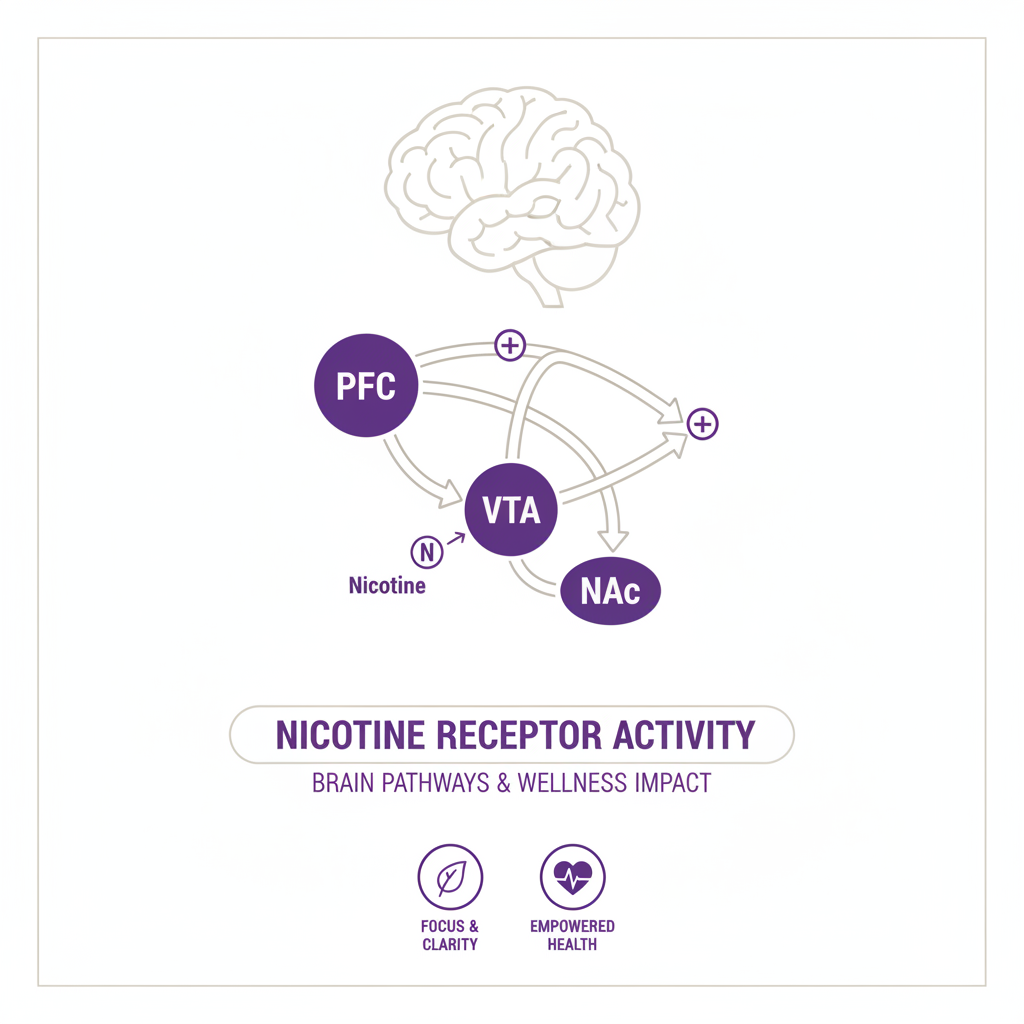Diagram of brain pathways affected by nicotine receptor activity.
