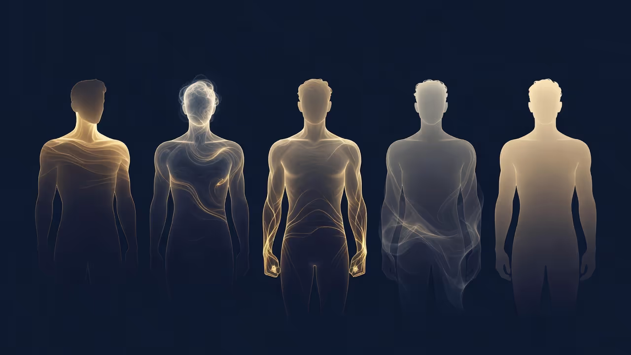 Five translucent human silhouettes standing in a row, each subtly glowing in a different way — one tense shoulders, one head active with light, one hands clenched, one fading
