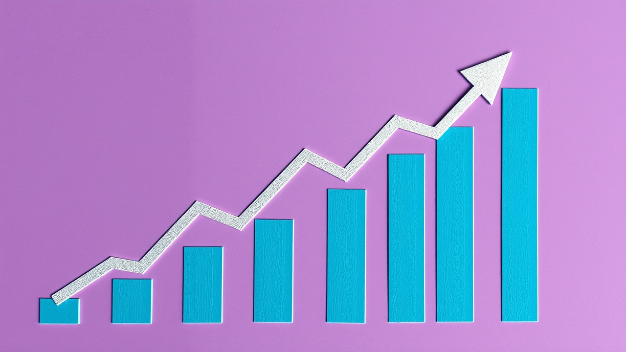 Indian Stock A visual representation of growth, featuring a bar chart with increasing blue bars and a textured white line graph with an upward-pointing arrow, all set against a purple background.
